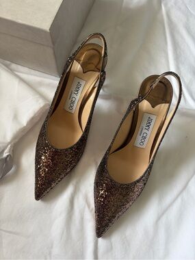 Jimmy Choo Ivy 85 Galactica Glitter Slingbacks, Size 35.5 EU